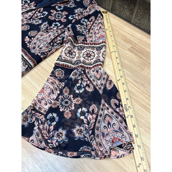 Vince Camuto Dress 10 Shift Tassels Bell Sleeves Navy Blue Pink Floral Boho - Picture 9 of 11